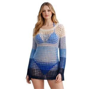 BOSTON PROPER ombré blue crochet cover up - color block knit tunic - medium